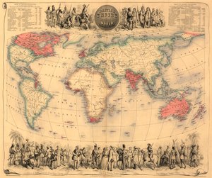 Mapa del mundo con posesiones del Imperio Británico coloreadas en rojo, c.1870 (grabado a mano)